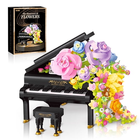Mini Building Blocks Piano Flowers Set for Adults, Grand Piano Flower Bouquet Botanical Collection Light Model Gift Ideas/Home Office Decor