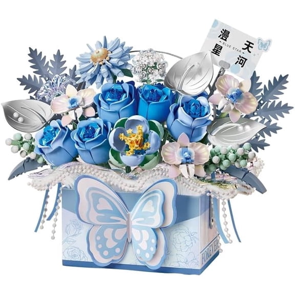 Mini Building Blocks Portable Flower Bouquet Box with Light, Blue Rose Creative Eternal Flower, Home Decor,998 PCS (1968)