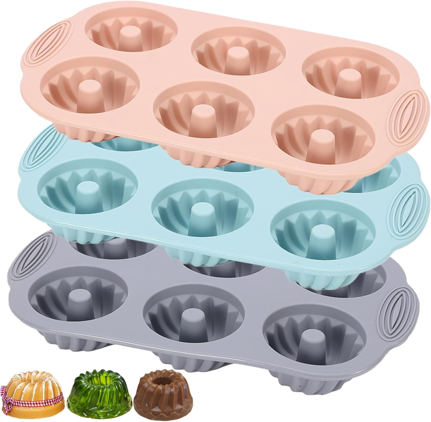 Mini Bundt Cake Pan 3pcs Silicone Fluted Tube Cake Pans, 6Cavity