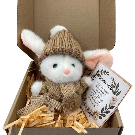 Mini Bunny Hug Cute Easter Gift Crochet Animals Rabbit Doll with Inspirational Card for Women Girls(Brown)
