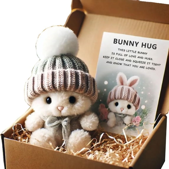 Mini Bunny Hug Cute Easter Gift, Crochet Mini Rabbit Hug with Knitted Hat and Pom Pom, Bunny Stuffed Animal Sets with Box and Sweet Card, Comforting Gift for Loved Ones Teachers, Friends