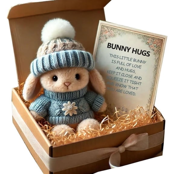 Mini Bunny Hug Cute Easter Gift, Crochet Mini Rabbit Hug with Knitted Hat and Pom Pom, Bunny Stuffed Animal Sets with Box and Sweet Card, Comforting Gift for Loved Ones Teachers, Friends