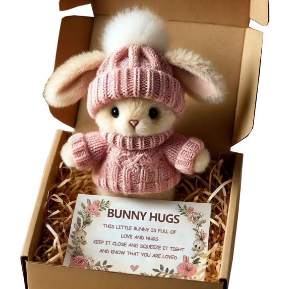 Mini Bunny Hug Cute Easter Gift, Crochet Mini Rabbit Hug with Knitted Hat and Pom Pom, Bunny Stuffed Animal Sets with Box and Sweet Card, Comforting Gift for Loved Ones Teachers, Friends