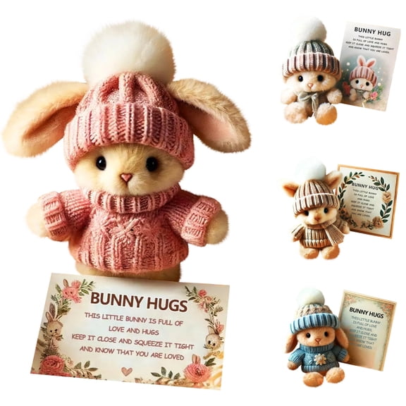 Mini Bunny Hug Cute Easter Gift, Easter Bunny Plushies with Knitted Hat and Pom Pom, Soft Pocket Emotional Support Rabbit with Gift Box & Card