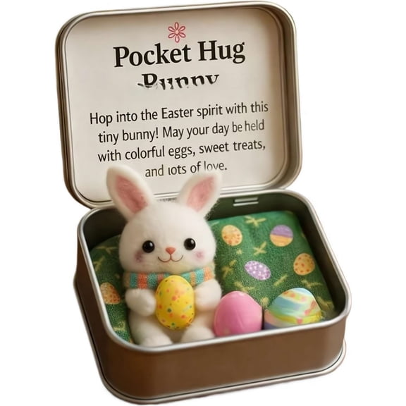 Mini Bunny Hug Cute Easter Gift, Felt Plush Rabbit with Colorful Egg, Pocket-Size Stuffed Bunny in Tin Box, Easter Basket Stuffer for Women Men Friends Family