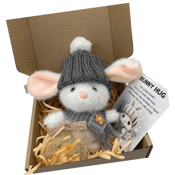 Mini Bunny Hug Cute Easter Gift, Handmade Bunny Hugs in Box, A Little Bundle of Love & Comfort, Cute Mini Soft Pocket Rabbit Toy, Stuffed Animal Bunny Doll with Inspirational Card Gray