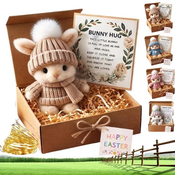 Mini Bunny Hug Cute Easter Gift, Handmade Bunny Hugs in Box, A Little Bundle of Love & Comfort, Cute Mini Soft Pocket Rabbit Toy, Stuffed Animal Bunny Doll with Inspirational Card(Khaki)