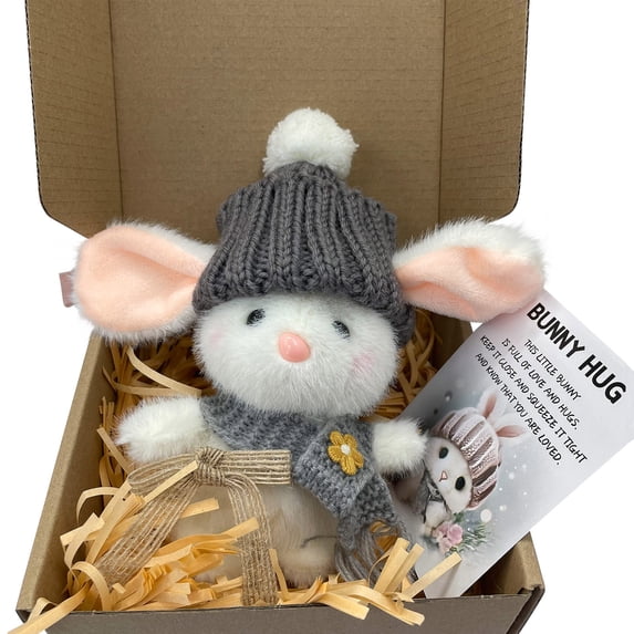 Mini Bunny Hug Cute Easter Gift, Handmade Emotional Support Cute Bunny Plush in A Box with Card, Soft Pocket Rabbit Motivational Doll Decor, Stuffed Animal Gifts for Easter Basket - (Gray)
