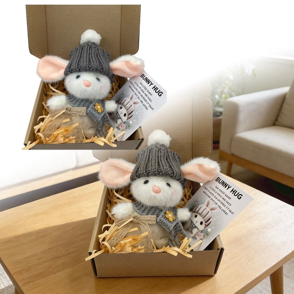 Mini Bunny Hug Cute Easter Gift, Little Bunny Hug Pocket Hug, Cute Handmade Mini Emotional Support Rabbit with Gift Box&Card, Bunny in a Box, Pocket Hug Rabbit with Knitted Hat & Pom Pom