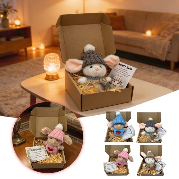 Mini Bunny Hug Cute Easter Gift, Little Bunny Hug Pocket Hug, Cute Handmade Mini Emotional Support Rabbit with Gift Box&Card, Bunny in a Box, Pocket Hug Rabbit with Knitted Hat & Pom Pom