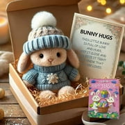 Mini Bunny Hug Cute Easter Gift, Little Bunny Hug Pocket Hug, Cute Handmade Mini Emotional Support Rabbit with Gift Box&Card, Bunny in a Box, Pocket Hug Rabbit with Knitted Hat & Pom Pom
