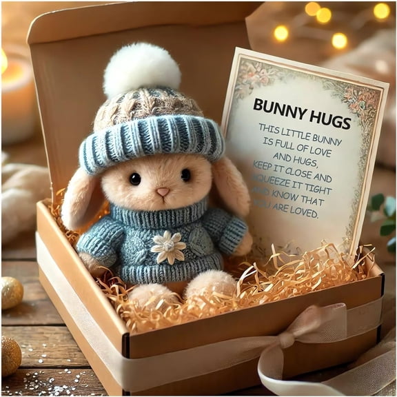 2026 New Easter Bunny Hug Cute Gift, Emotional Support Cute Bunny Plush In A Box, Mini Soft Pocket Rabbit Toy, Stuffed Animal Bunny Doll and Inspirational Card, Cute Bunny Stuffed Animal Easter Gifts