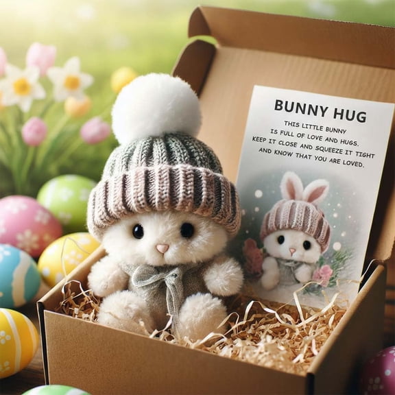 Mini Bunny Hugs Cute Easter Gift,Easter Bunny Plush Pocket Hug Rabbit with Knitted Hat, Emotional Support Stuffed Animal,Gift for Bunny Lovers