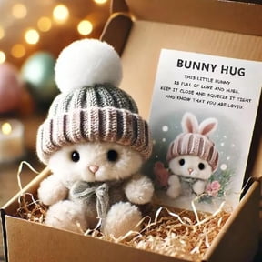 Mini Bunny "Pocket Hug" in Gift Box with Card, Cute Small Plush Rabbit with Knitted Hat, Sentimental Easter Basket Stuffer & Valentine's Gift