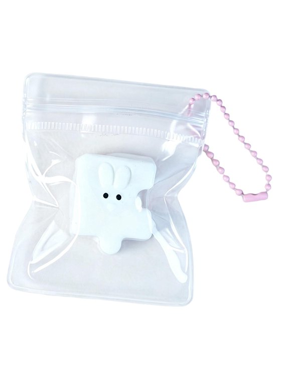 Mini Bunny Squishy Squeeze Toy with Clear Bag and Pink Chain, 1-Pack, White, for Kids and Adults