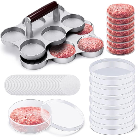 Mini Burger Press with 200 Patty Papers and 6 Storage Containers 6 Slots Meat Sausage Patty Maker Paper Sheets Set for Small Burger Barbecue, Make 6 Pieces at Once