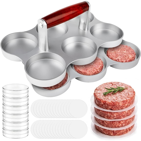 Mini Burger Press, 6 Slots Slider Sausage Patty Press with 200 Patty Papers and 6 Storage Containers, Heavy Duty Round Shape Meat Patty Maker for Small Hamburger, BBQ, Picnic