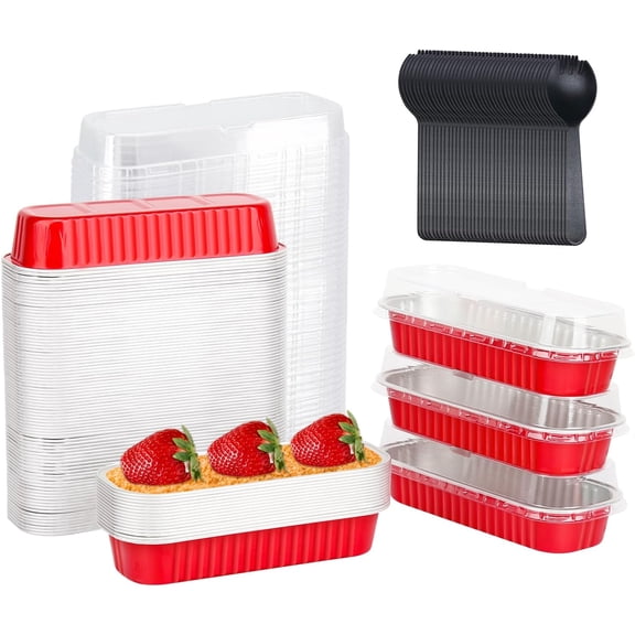 Mini Cake Pans with Lids 100 Pack,Individual Foil Baking Tins,Disposable Mini Loaf Pans Small Cakes Tin Cupcake Containers for Children's Day Bake Sale-Red,6.8oz