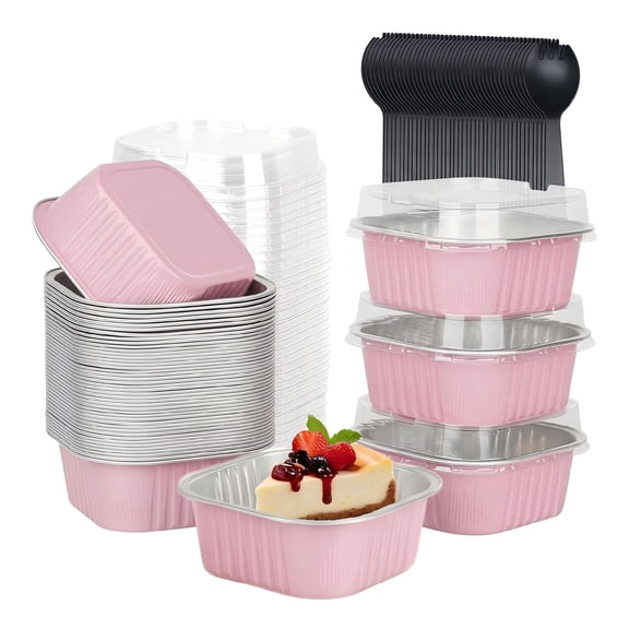 Mini Cake Pans with Lids and Spoons,10oz Disposable Small Foil Baking Tins,50Pack Individual Cake Containers for Home Bakers Bake Sales-Pink,3.5x3.5 Square