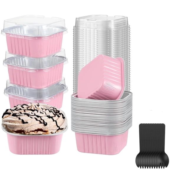 Mini Cake Pans,Small Aluminum Foil Pans,Disposable Loaf Pans,Ramekins Cupcake Liners with Lids&Spoons,Dessert Cups Containers,Muffin Pans Mini Cheesecake Containers for Pudding,Souffle,Pink,5 oz