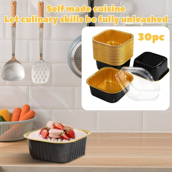 Mini Cake Pans with Lids (30pcs,), Aluminum Foil Baking Cups, Cupcake Pan, Black