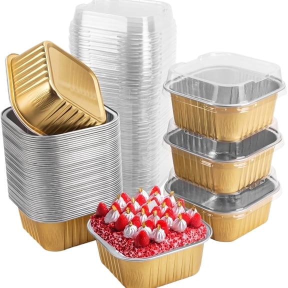 Mini Cake Pans with Lids,Disposable Small Foil Baking Tins,30 Pack Individual Cake Containers for Home Bakers Bake (Gold)
