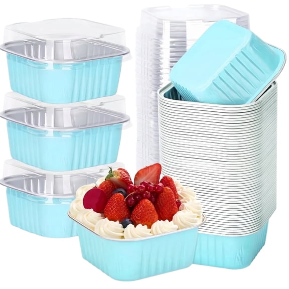 Mini Cake Pans with Lids,Disposable Small Foil Baking Tins,30 Pack Individual Cake Containers for Home Bakers Bake (Light Blue)