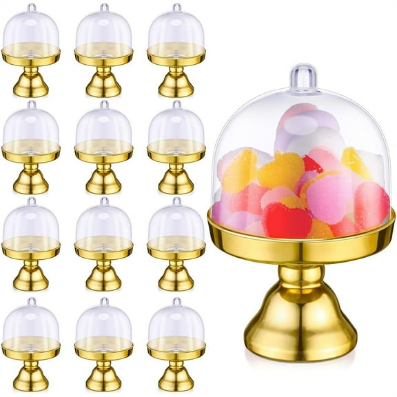 Mini Cake Stand Boxes Topboutique 12 Pcs Plastic Dessert Display Plate with Dome Cover Chocolate Containers Small Candy Case for Birthday Wedding Holiday Party Supplies (Gold)