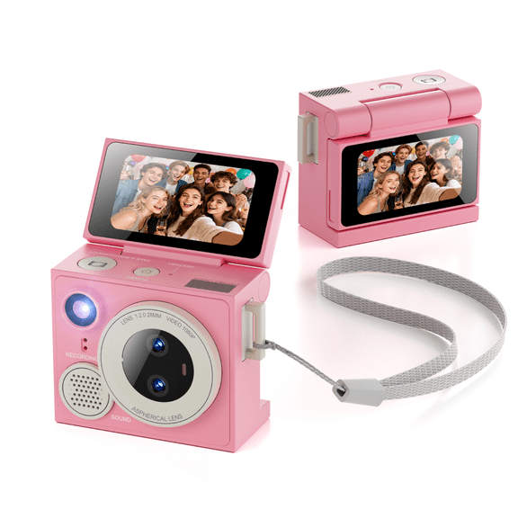 Mini Camera 1080P HD Thumb Action Camera with Rotating Display, Portable Vlogging Camcorder, Rechargeable Small Digital Camera for Travel Sports Selfie Birthday Gift, Pink
