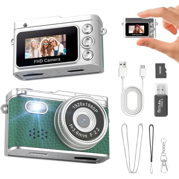 Mini Camera, 1080P Portable Digital Camera with 0.96" Screen, Retro Wearable Camera, Video Recorder for Travel, Small Pocket Camcorder with Flash, 32G SD Card, Type-C