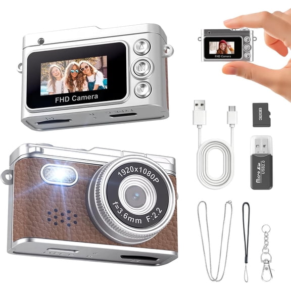 Mini Camera, 1080P Retro Y2K Lo-fi Pocket Camcorder, Night Vision Flash, 0.96" Screen 20g EDC Necklace Camera for Gifts, 32GB Card Included for Outdoor Travel, Brown