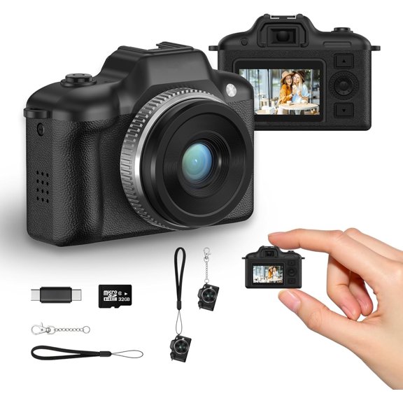 Mini Camera, 2MP Digital Camera with 720P Video, 5 Filters & Flash, 32GB TF Card & OTG Adapter for Android, Ultra-Portable Pocket-Size Camera , Travel for (Black)