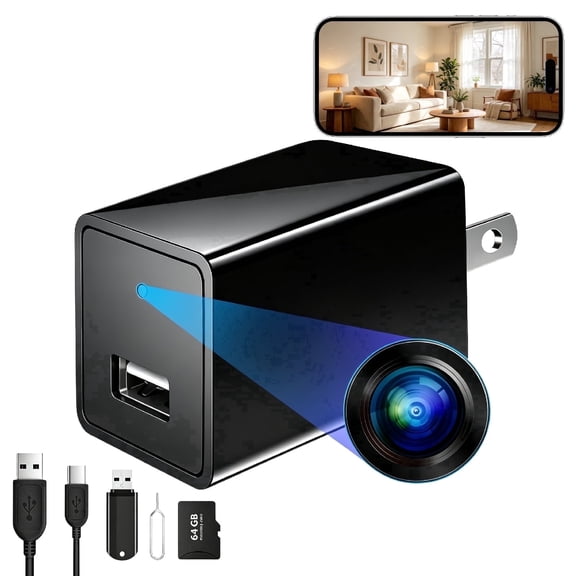 Wireless Mini Camera USB Charger Full HD 1080P Video, Small Indoor Security Cam for Home & Office Monitoring, Wall Plug-in Tiny Camera with 64GB Micro SD Card
