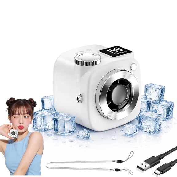 Mini Camera Shaped Portable Fan with Lanyard: 199-Speed Turbo Cooling, Bladeless, LED Display, USB Rechargeable for Travel & Office