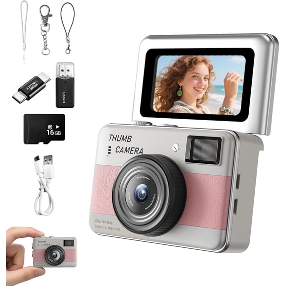 Mini Camera - Thumb Camera, 1.-inch Flip Screen | Multiple & Recording Modes | Portable Digital Camera with SD Card for Travel, Party | Ideal Fashion Pendant