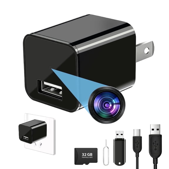 Mini Camera USB Charger Full HD 1080P Video, Small Outlet Security Cam for Home & Office Monitoring, Wall Plug-in Camera with 32GB Micro SD Card