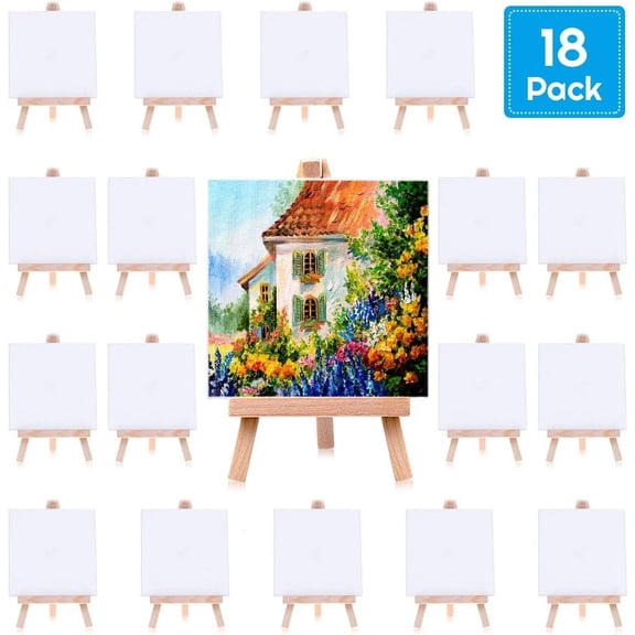 Mini Canvases 18 Pack, Small Painting Canvas with Mini Easel 4x4 Inches Art Canvases Painting Kit for Adult Acrylic Pouring Oil Water Color