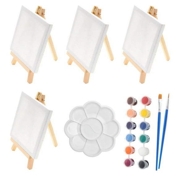 Mini Canvases Acrylic Paint Set Small Easel Stands Painting Canvas Kit with Painting Brush Palette for for Kids Drawing