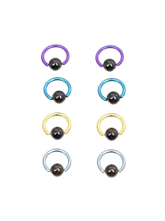 Mini Captive Ring Pack of 8 Colorful Anodized Titanium with Hematite Ball 18g