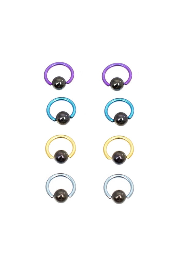 Mini Captive Ring Pack of 8 Colorful Anodized Titanium with Hematite Ball 18g