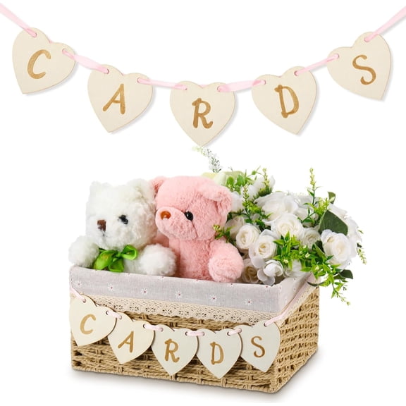Mini Cards Sign Banner for Card Box Wedding Themed Hanging Banner Decor Party Decoration for Birthday for Basket Table Greeting Photo Props Table Decor, Basket Not Included(Vivid,Wooden)