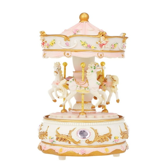 Mini Carousel Clockwork Music Box Colorful LED Merry-go-round Musical Box Gift for Girlfriend Kids Children Christmas Festival PInk