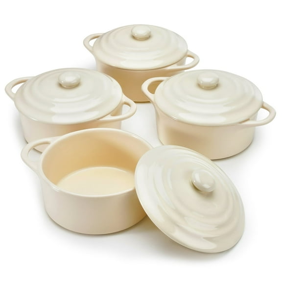 Kook Ceramic Mini Cocotte Set, 12 Oz, Set of 4, Ivory