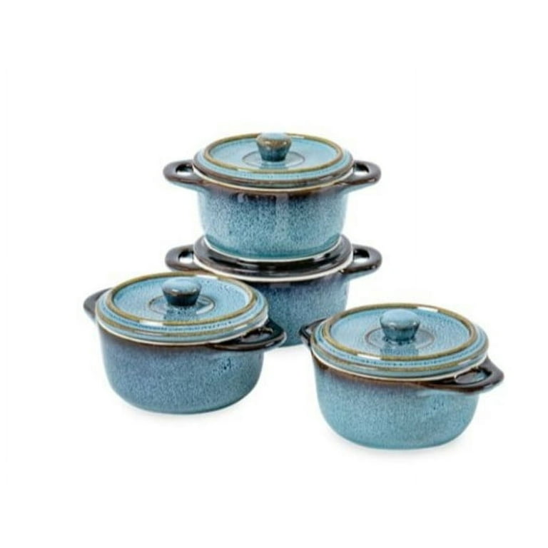 Mini Casserole Dishwasher with Lid, Round Mini Casserole Dish with Handles  Set of 4, Cookware Set for Dinner and Party- Blue
