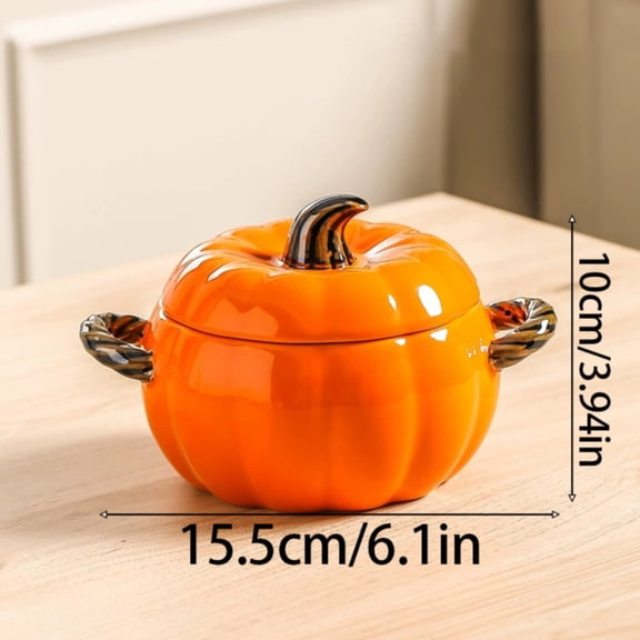 Mini Casserole, Orange Pumpkin-Shaped Dutch Oven with Lid, Ceramic Baking Dish for Individual Sides and Soups, Oven-to-Table Cookware for Fall (Orange)