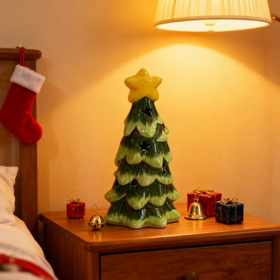 Mini Ceramic Christmas Tree Tabletop Christmas Tree Decorations with Lights Battery Powered Pink Green Desktop Vintage Christmas Tree Ornaments for Christmas Table Decorations Christmas Gifts