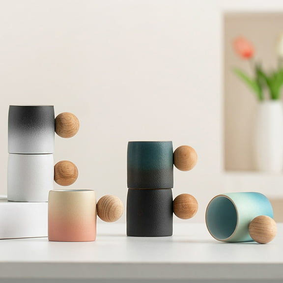 Mini Ceramic Coffee Cup, Gradient Glaze, Wooden Ball Handle | 8.5x5.5cm Durable Exquisite Small Tea Cup | Unique Texture, Multicolor Options, Easy Grip, Stable Base, High-Temperature Fired Interior