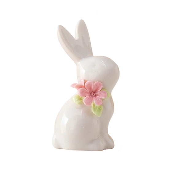 Mini Ceramic Easter Bunny Figurine with Floral Details, Porcelain Rabbit Decor for Tabletop, Shelf, or Mantel, Spring Farmhouse Home or Office Decorative Centerpiece -1 Pcs (E)