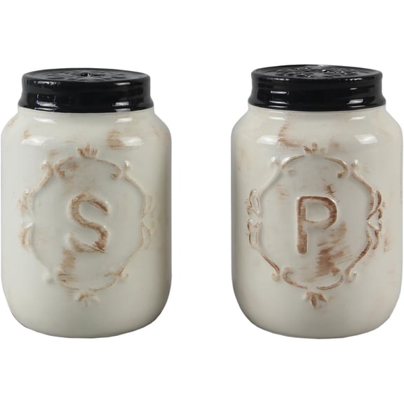 Mini Ceramic Farmhouse Salt & Pepper Shaker Set, Rustic Style Kitchen Decor, Cute Mason Kitchen Table Accessories and Decor,Set of 2 Mini Spice Shakers, 2.5 Inch
