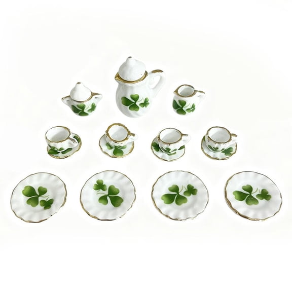 Mini Ceramic Tea Set for Dollhouse, 17-Piece Miniature Porcelain Tableware Collection, Pretend Play Toy